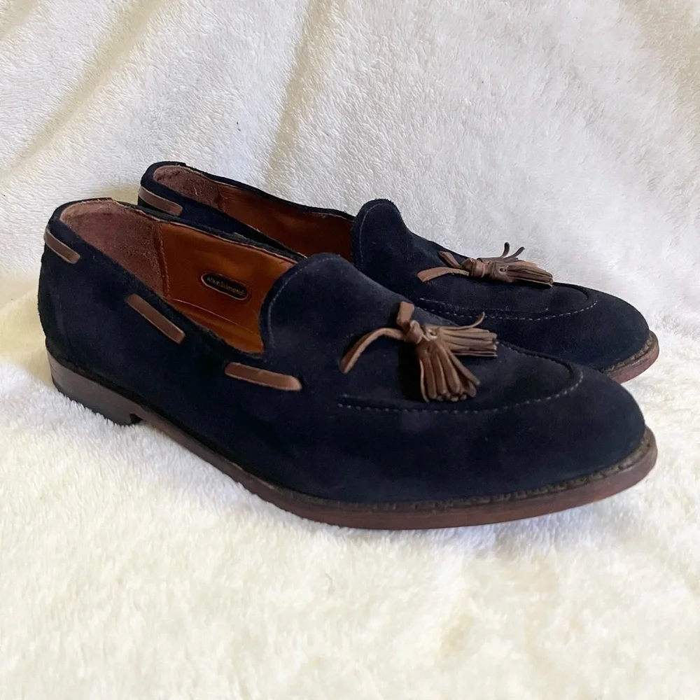 RARE MODEL | ALLEN EDMONDS 11E NAVY BLUE SUEDE ACHESON TASSEL LOAFER DRESS SHOES - Picture 1 of 13